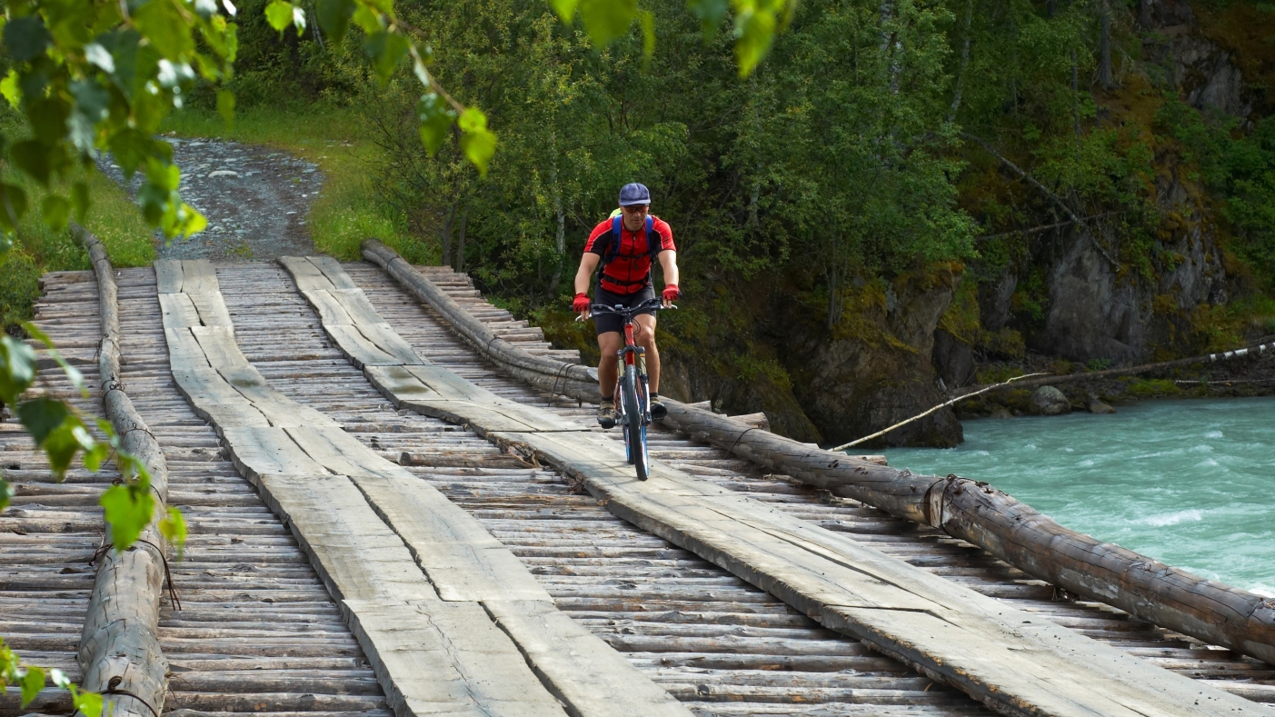 Man biking on a wooden bridge in the woods